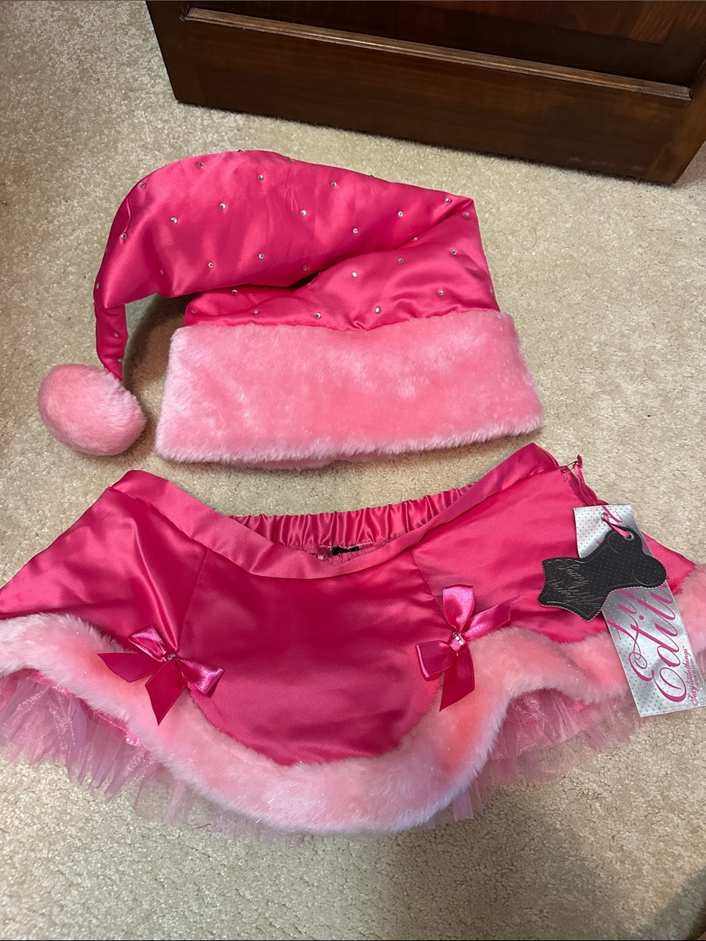Victoria's Secret Hot Pink Satin Holiday Hat and Skirt Set